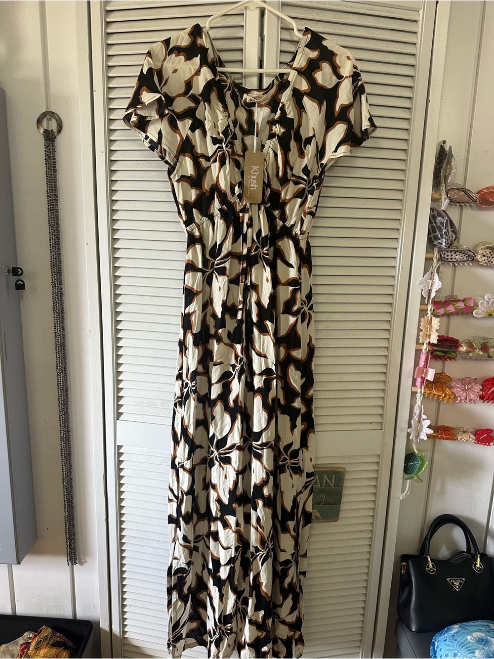 Leilani  Floral Drawstring Maxi Dress — Black & Cream